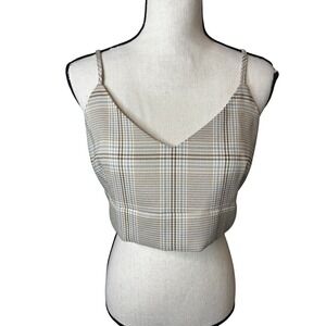 GeeGee All About Me Crop Top Mocha Blue Plaid V-Neck Smocked Back Large NEW